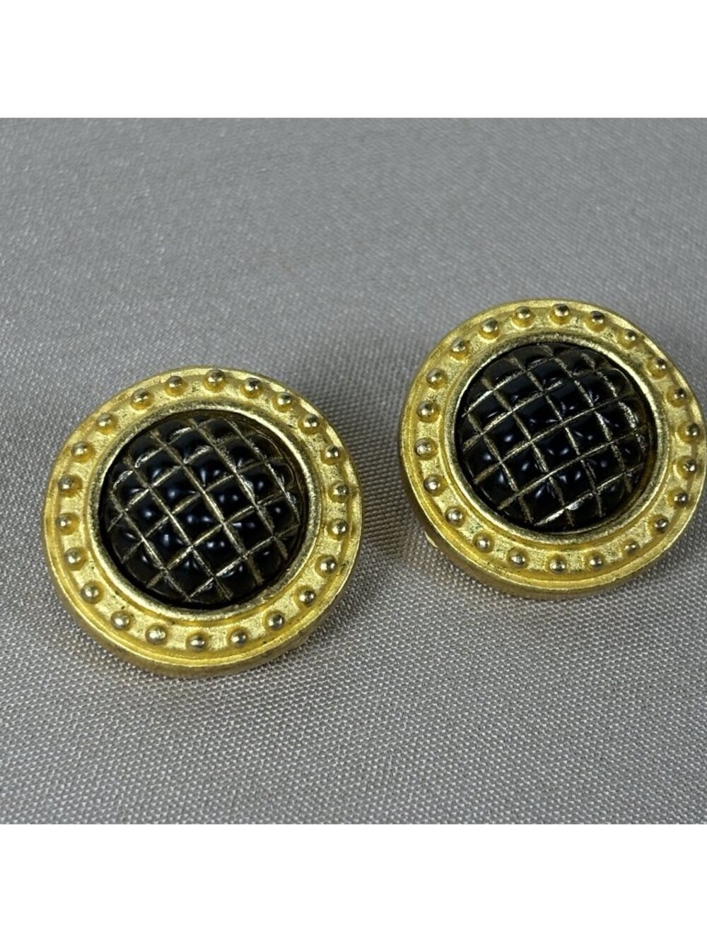 Vintage Anne Klein Art Deco Style Black Gold Tone Geometric Button Earrings C10
